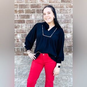 Umgee black leopard piping trim scallop hem and bishop long sleeve C5462 WC5462